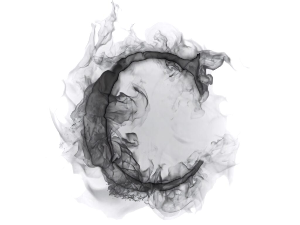 Greyscale wallpaper of letter C made from swirling smoke with elegant abstract minimalist design