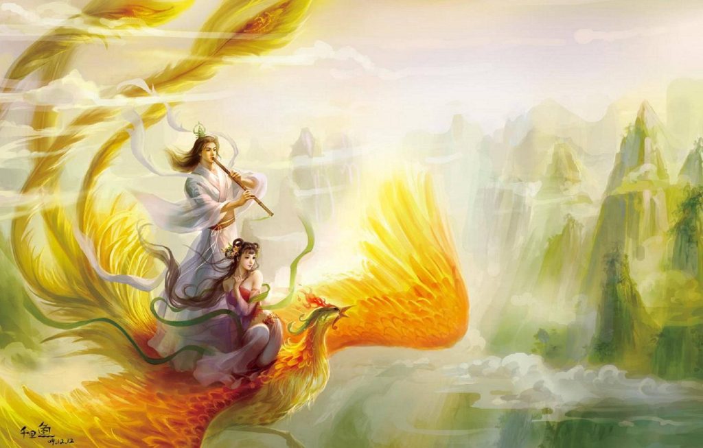 Ethereal couple in traditional Hanfu riding fiery phoenix over misty golden mountain landscape wallpaper