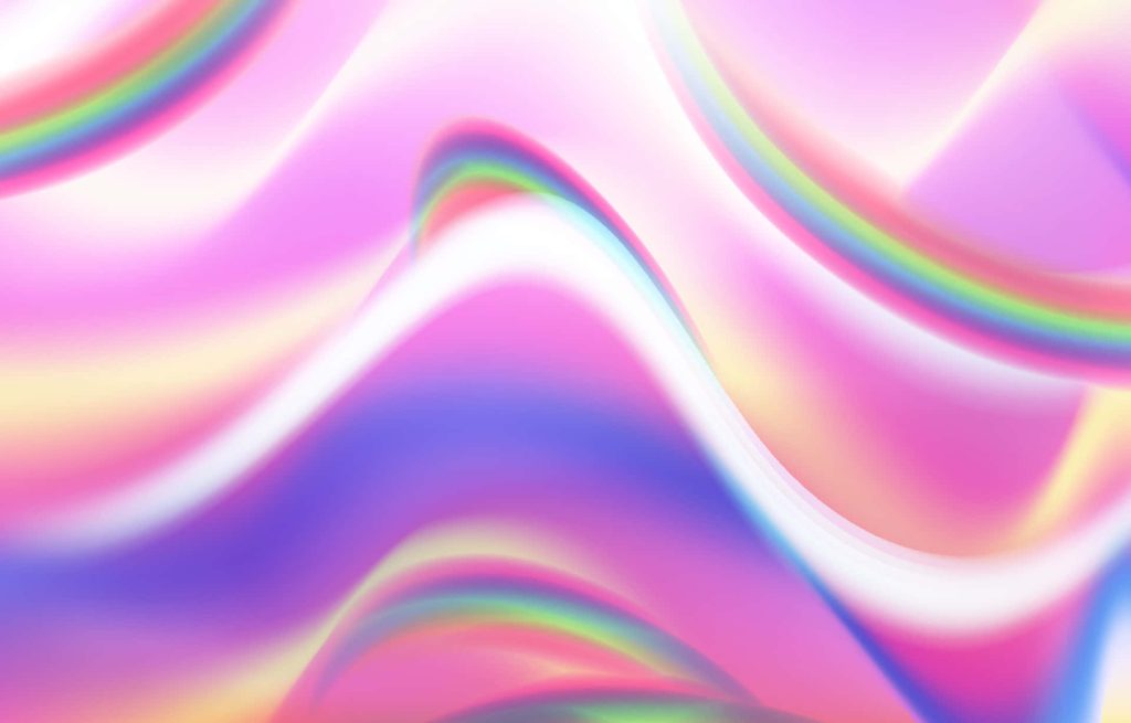 Holographic abstract background with fluid waves in iridescent pink violet spectrum hues Wallpaper