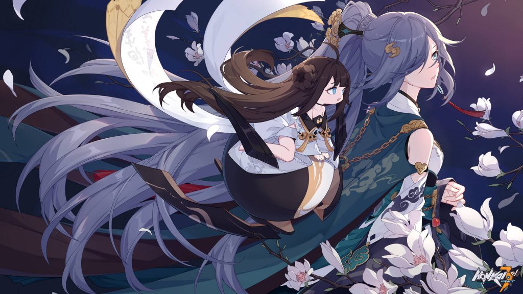 Honkai Impact wallpaper with Azure Empyrea Fu Hua chibi dark serene background white blossoms