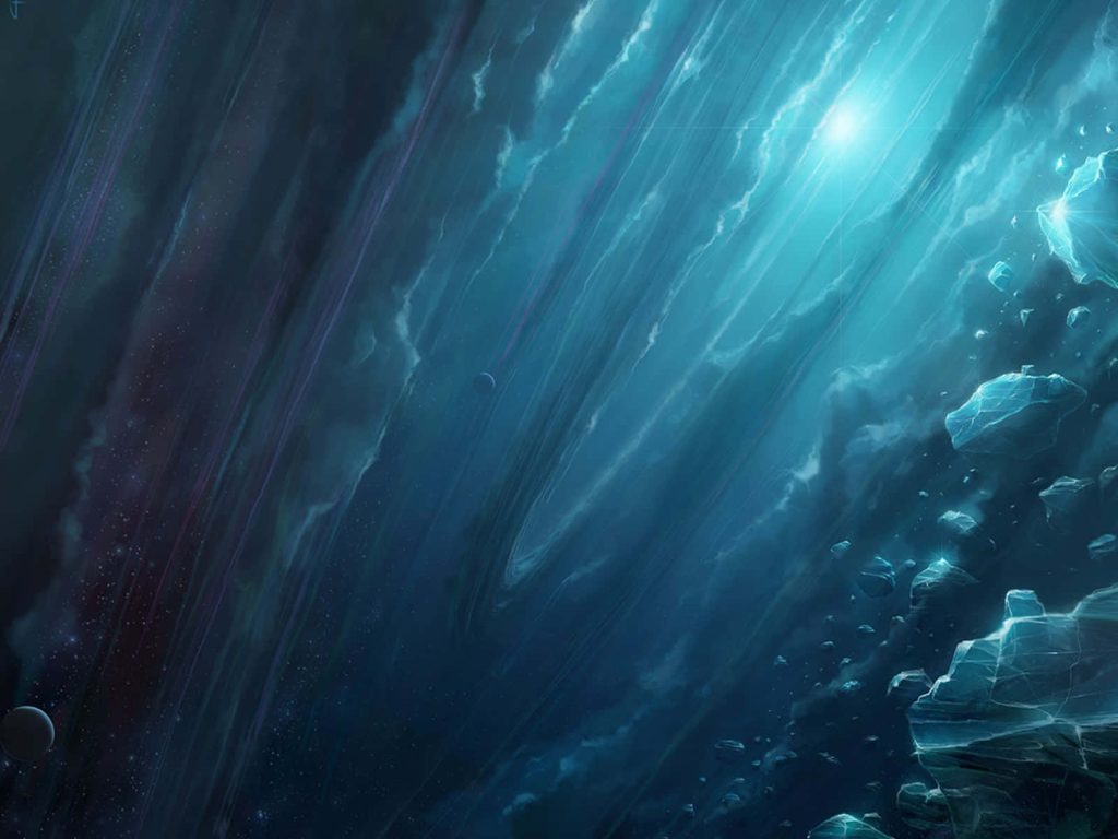 Ethereal cosmic ice wallpaper with glowing crystalline shards and deep blue nebula background