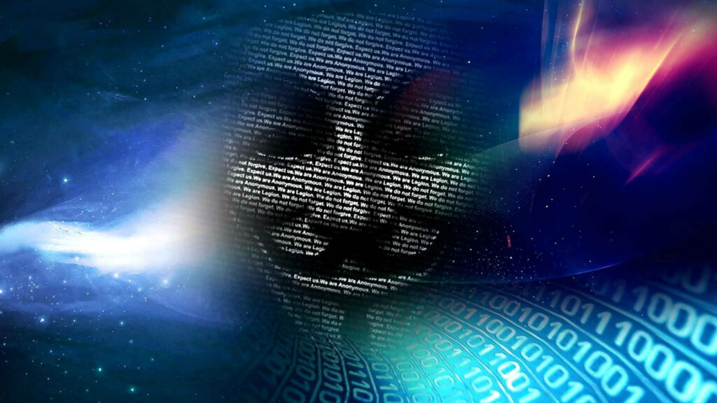 Matrix Encoded White Hacker Mask Superimposed on Celestial Cyber Space: A 4K Cybersecurity Artwork Wallpaper