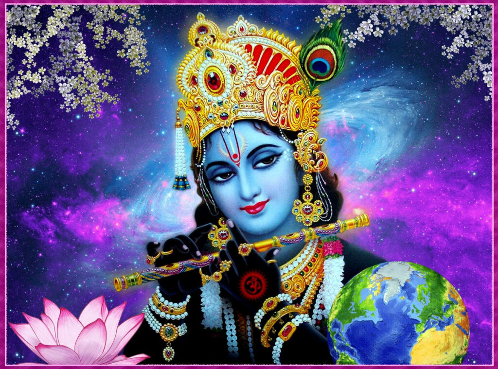 Divine Melodies: Lord Krishna's Harmonious Overture amidst the Galactic Tapestry Wallpaper