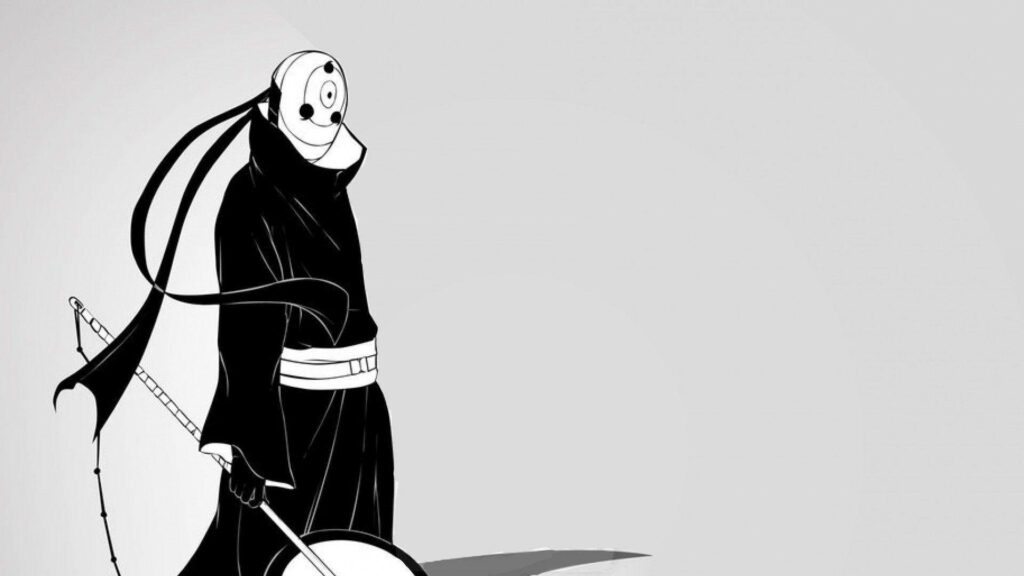 Monochromatic Masterpiece: Tobi's Majestic War Fan Pose in Naruto's Enigmatic World Wallpaper