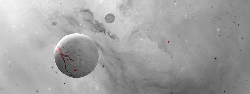 Desolate grey moon with vibrant red veins in misty nebula cosmic horror sci-fi wallpaper background