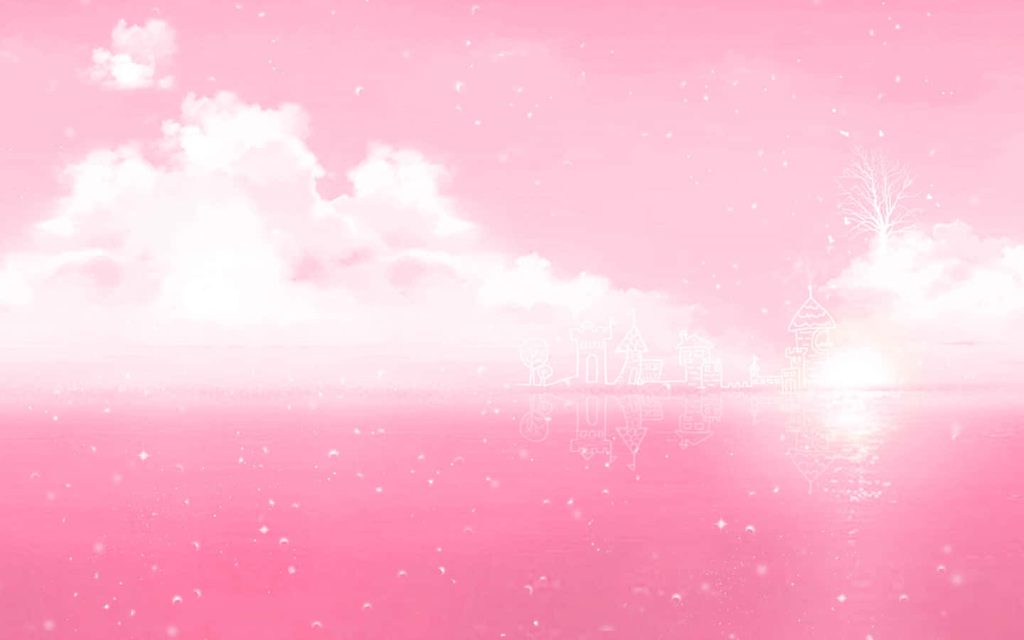 Pastel pink sky with sparkling waters and a faint magical castle reflection serene wallpaper background
