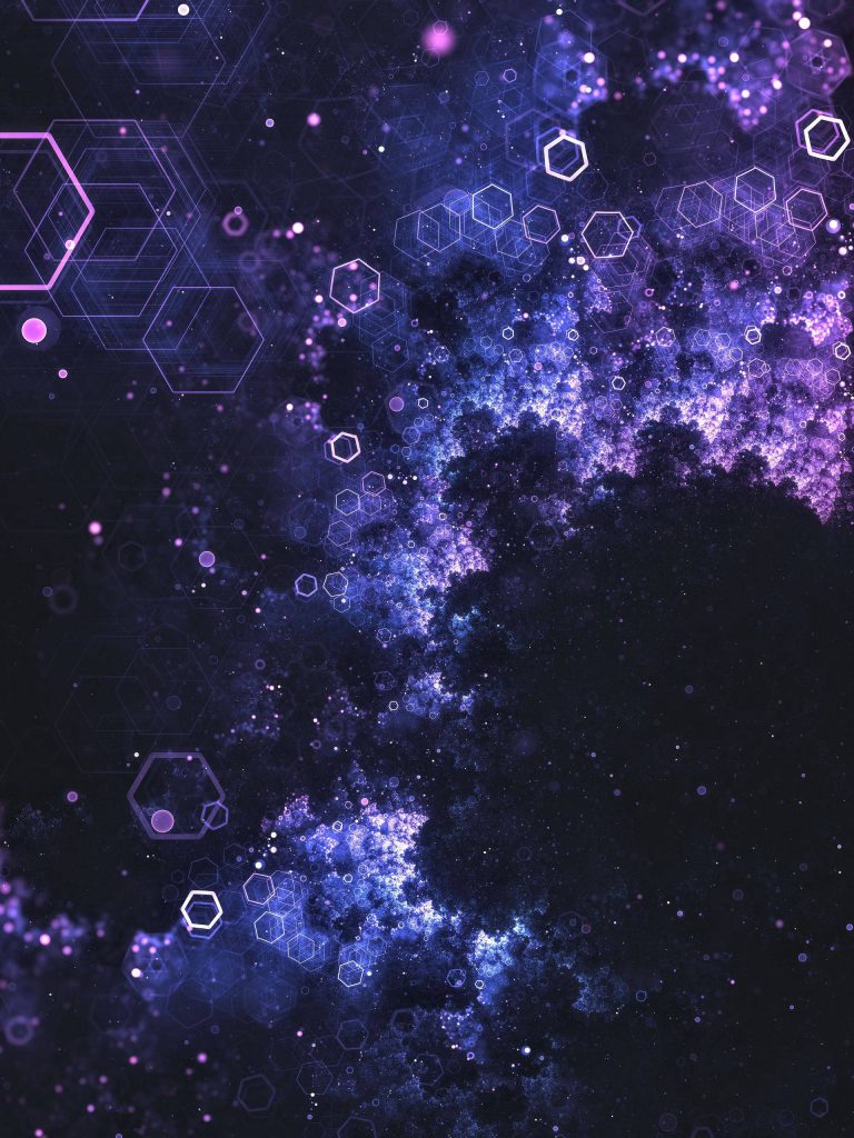 Futuristic digital wallpaper with glowing hexagons and vibrant purple blue cosmic dust clouds