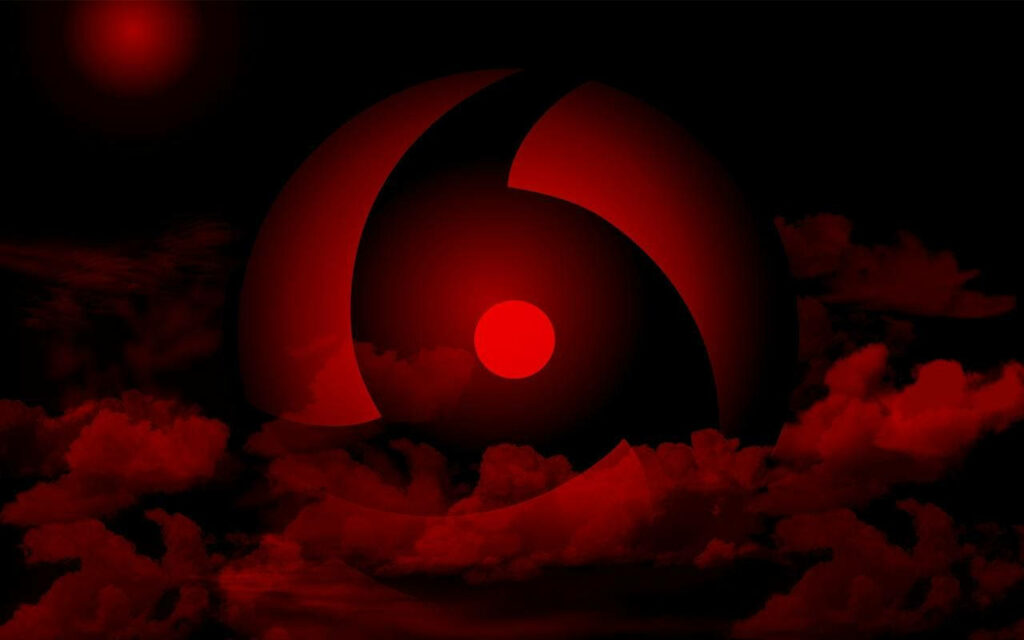 Mystical Red Aesthetic: Itachi's Mangekyou Sharingan Moon Enveloped in Clouds - Captivating Sharingan Background Image Wallpaper