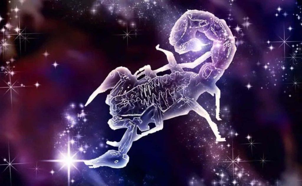 Radiant translucent Scorpio zodiac symbol in cosmic purple nebula celestial digital art wallpaper