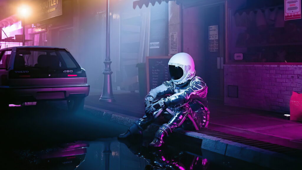 Solitary Space Journey: Neon Dreams of an Astronaut in Digital Frontier Wallpaper