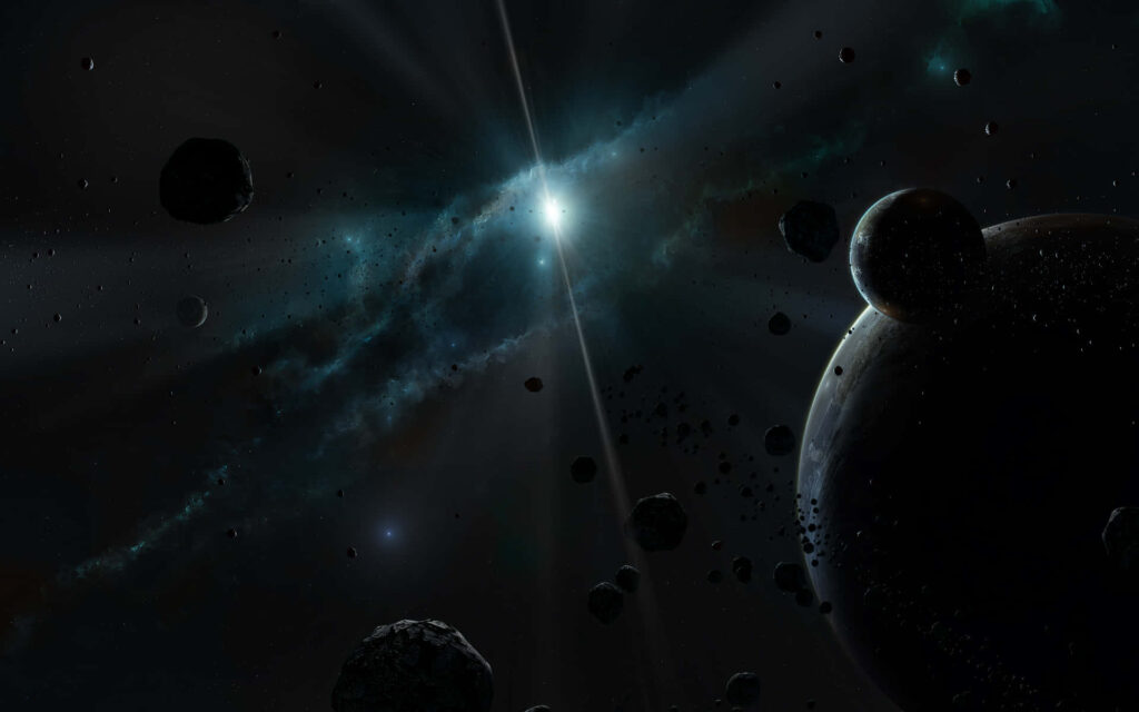 Stunning space-themed wallpaper with dark background, glowing lights, nebulas, and asteroids.