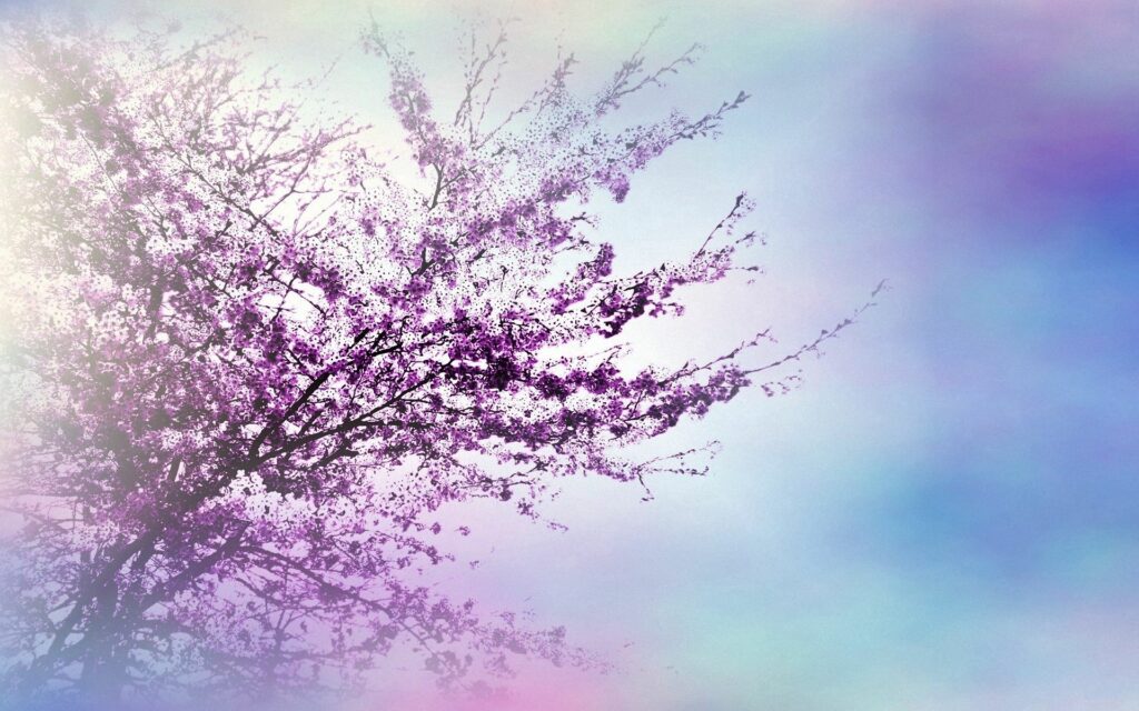Delicate tree branches with blooming spring flowers in soft pastel purple pink blue glow wallpaper