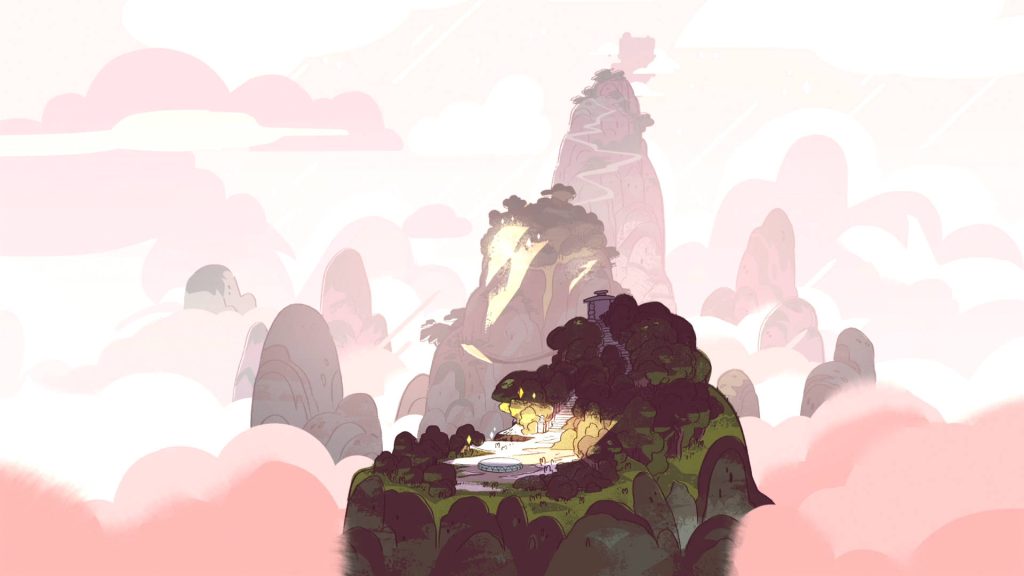 Steven Universe digital art floating island with glowing path pastel clouds mountain peaks wallpaper