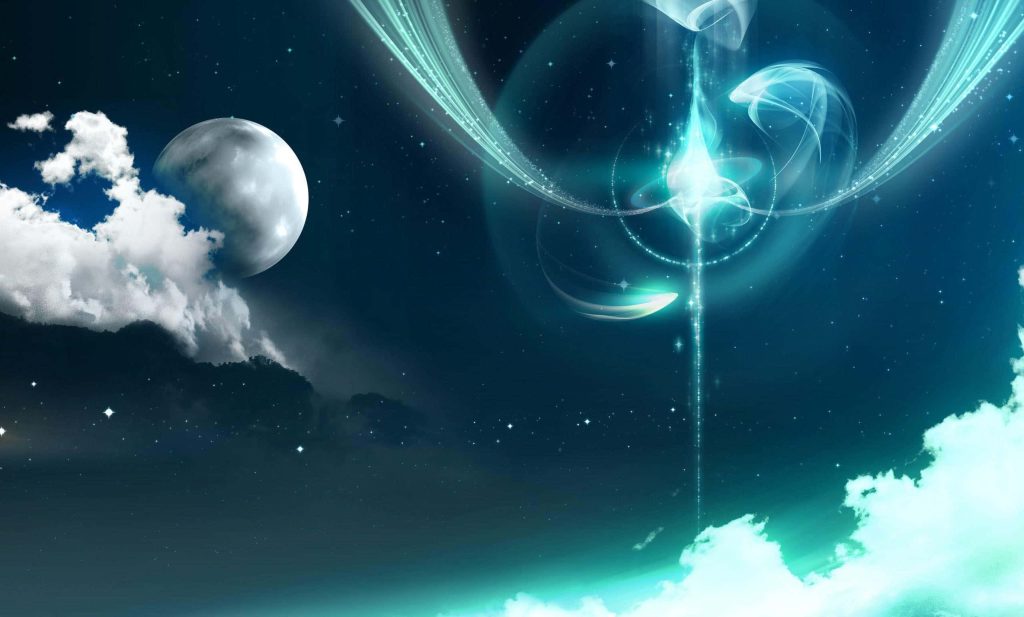 Turquoise energy portal swirling in dark space with glowing moon and stars wallpaper background