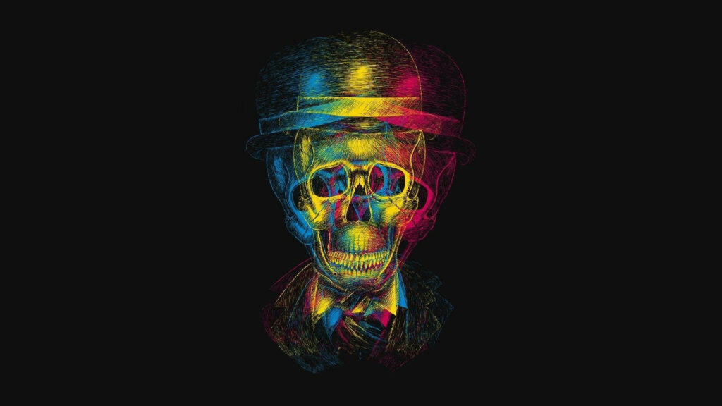 Psychedelic Darkness: Hat-wearing Vibrant Skull Embracing a Trippy Black Background Wallpaper