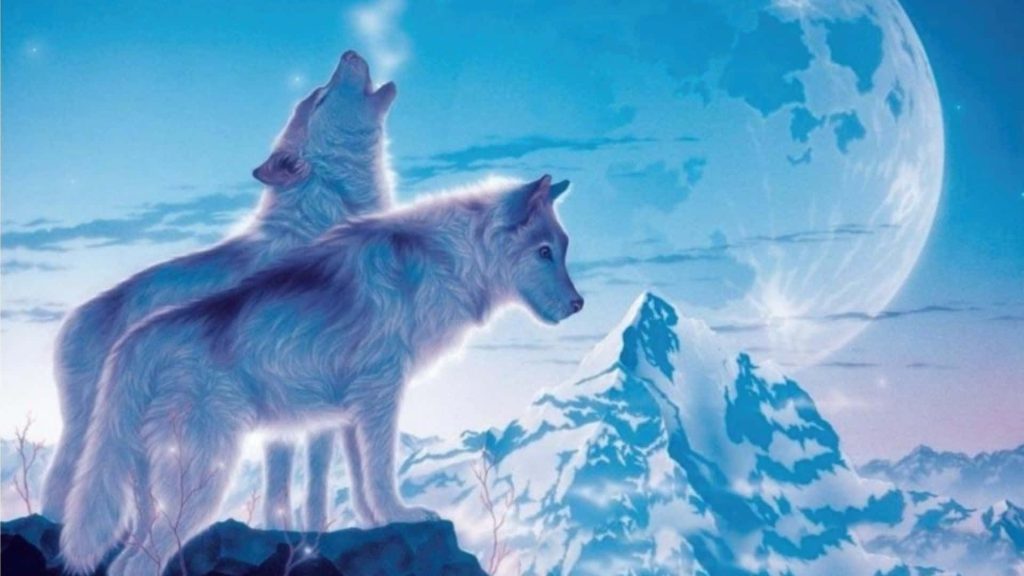 Two ethereal white wolves on snowy mountain under glowing full moon blue fantasy wallpaper