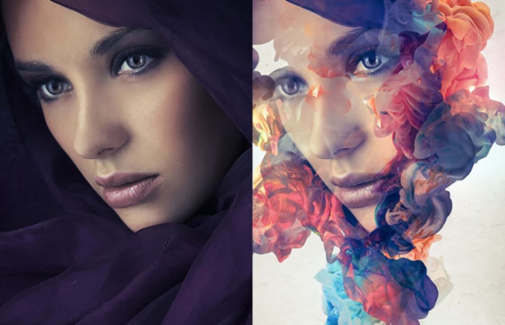Woman portrait with purple headscarf transforming into vibrant multicolor smoke digital art wallpaper