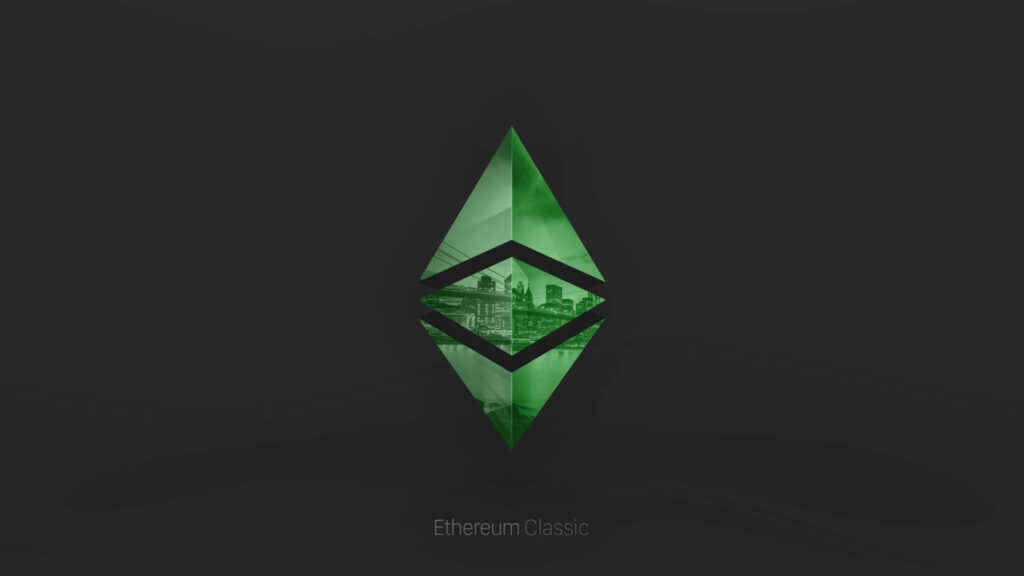 Ethereum Classic logo green gradient on dark minimalist background with cityscape reflections Wallpaper