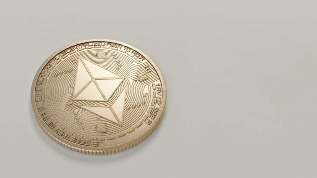 Single Ethereum coin with detailed digital engravings on light minimalist blockchain background Wallpaper