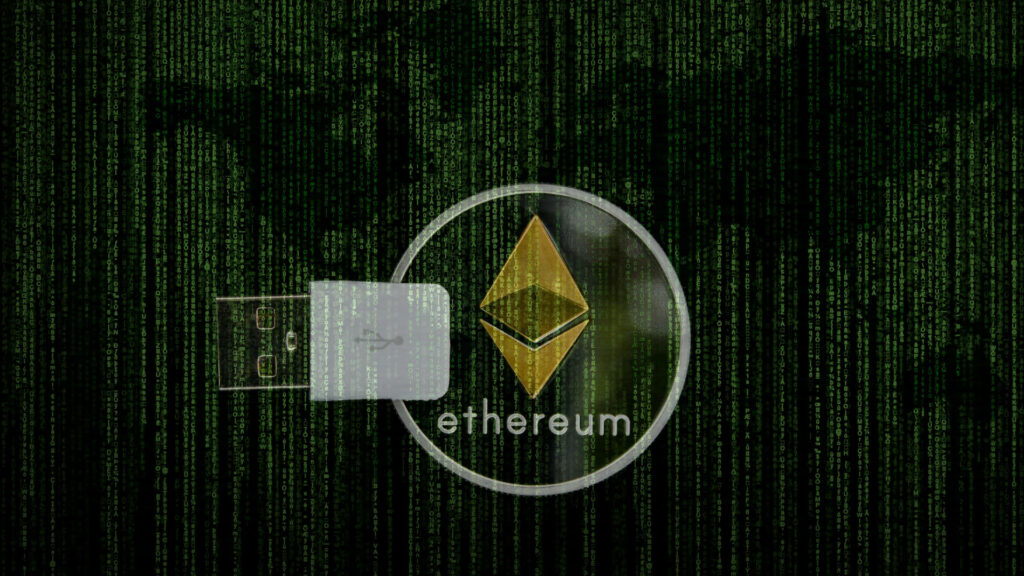 Matrix style digital rain background with glowing Ethereum logo and futuristic USB plug design Wallpaper