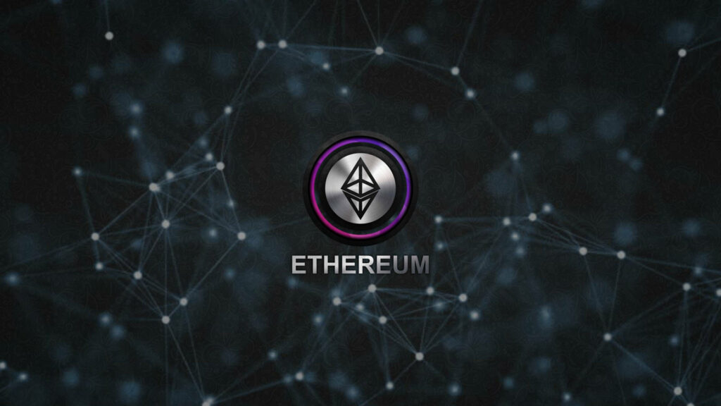 Ethereum logo with glowing purple silver ring and connected dots blockchain network wallpaper background
