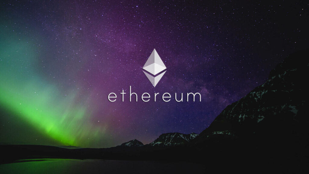 Ethereum logo with vibrant green purple Northern Lights over dark mountain peaks wallpaper background