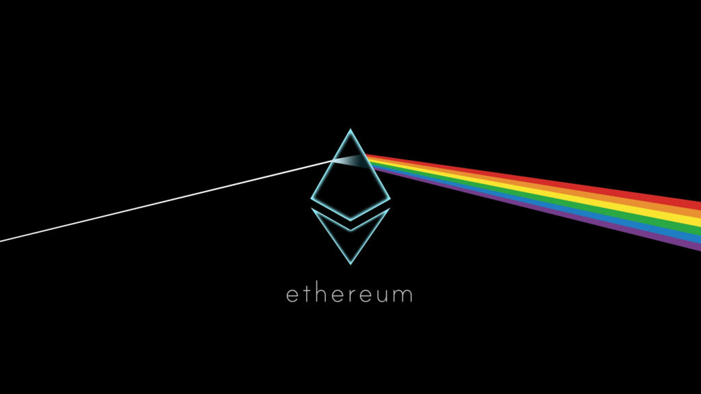 Black Ethereum logo emitting rainbow prism on sleek wallpaper symbolizing crypto innovation