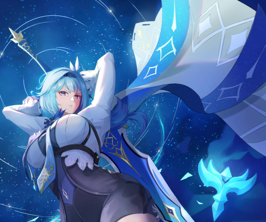 Eula from Genshin Impact wielding claymore with cosmic blue energy starry background wallpaper
