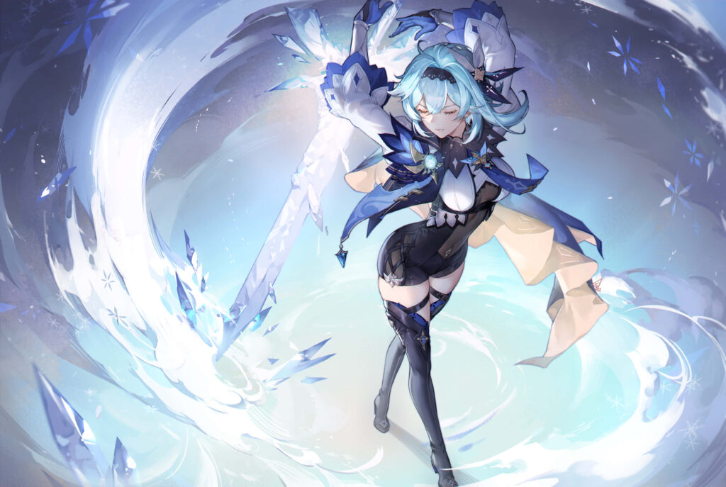 Eula from Genshin Impact in action pose with icy winds and blue cryo crystals wallpaper