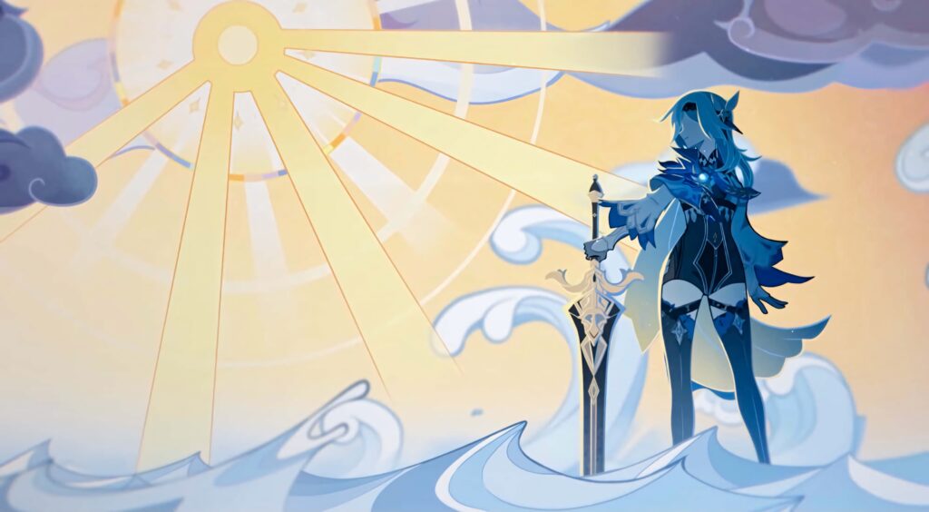 Eula from Genshin Impact with greatsword glowing light swirling clouds dynamic wallpaper background