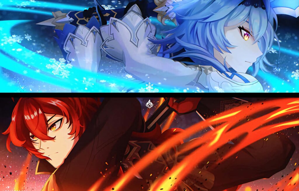 Eula and Diluc Genshin Impact split screen wallpaper showing Cryo and Pyro powers anime art