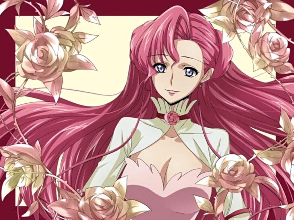 Euphemia Li Britannia with flowing pink hair and golden roses anime wallpaper background