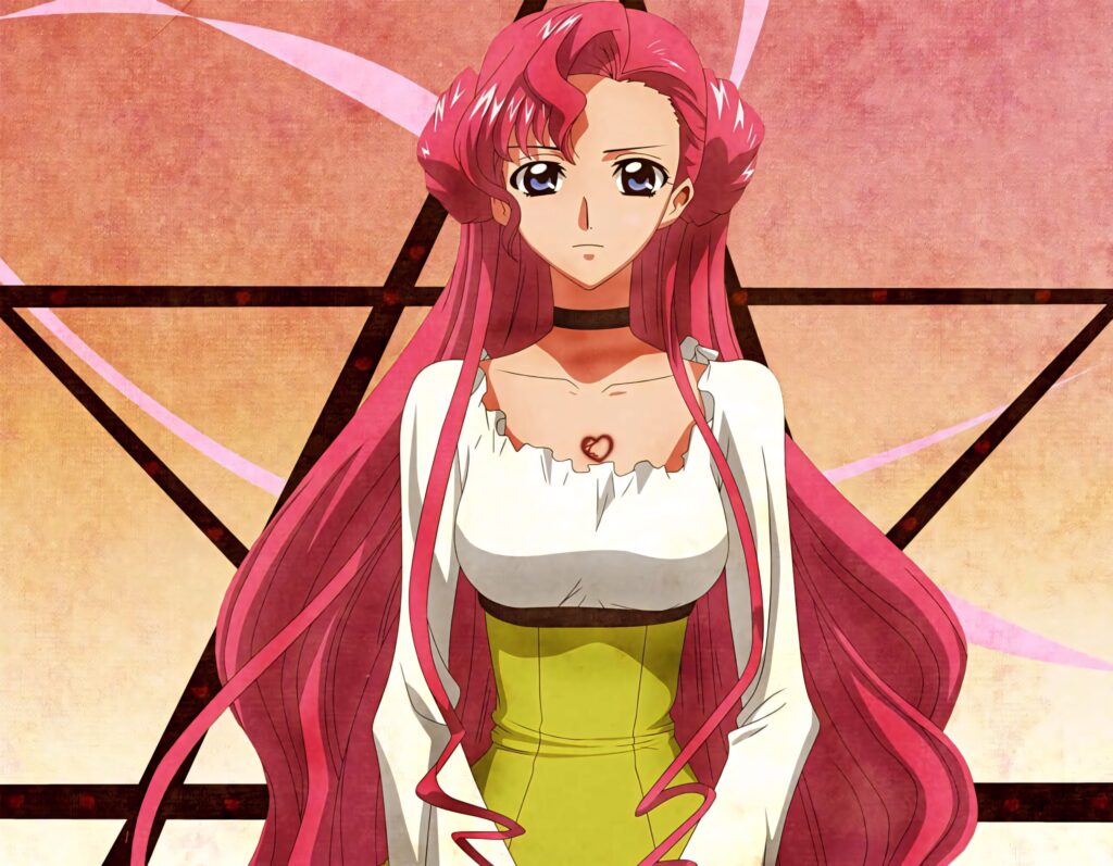 Euphemia Li Britannia anime wallpaper with pink hair and regal expression geometric background