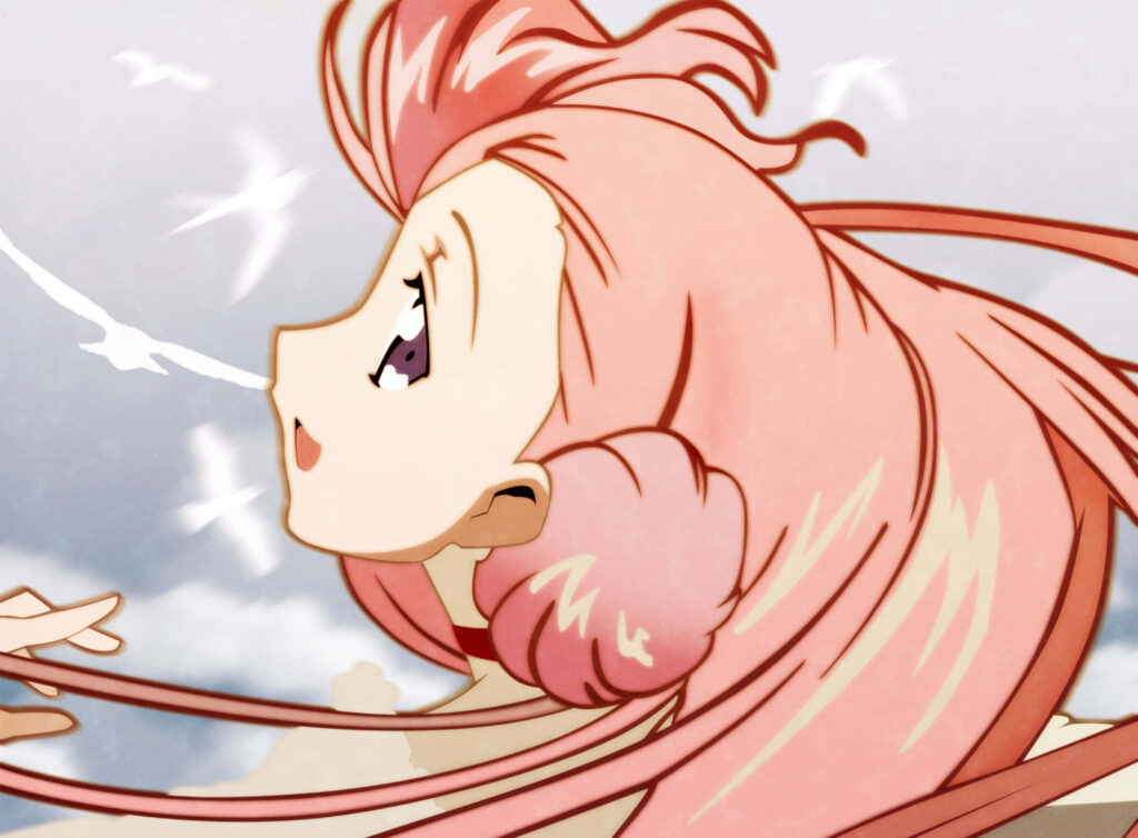 Euphemia Li Britannia anime wallpaper pink hair serene sky white birds pastel colors background