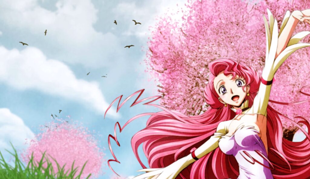 Euphemia Li Britannia joyful under pink cherry blossoms bright blue sky spring anime wallpaper