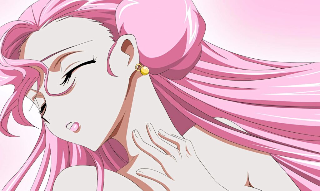 Euphemia Li Britannia anime wallpaper with pastel colors pink hair serene elegant pose background