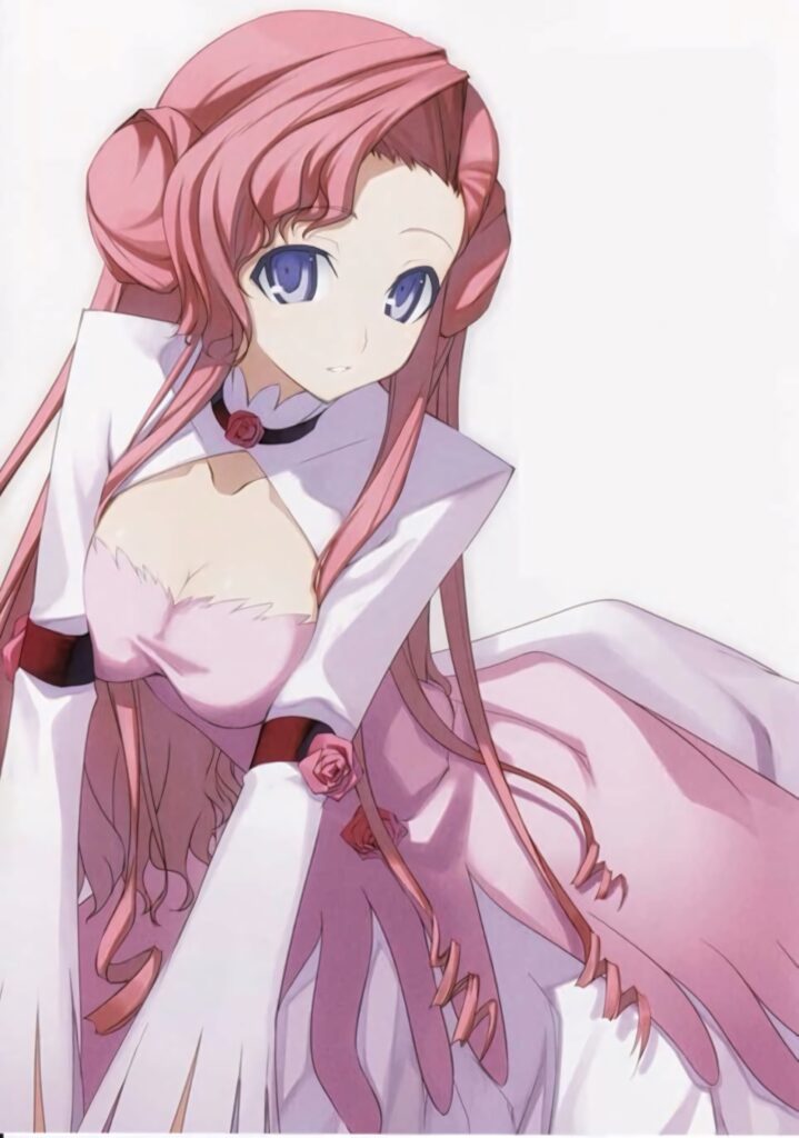 Euphemia Li Britannia in pastel pink dress with floral details and flowing pink hair anime wallpaper