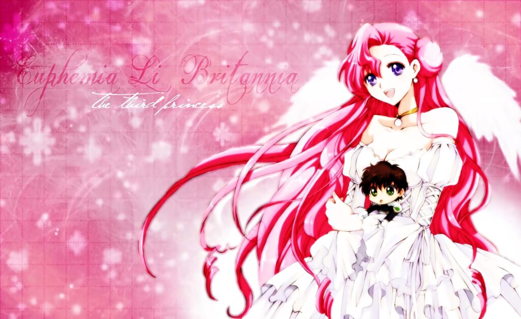 Euphemia Li Britannia in white gown with angel wings holding Lelouch plushie soft pink glow Wallpaper