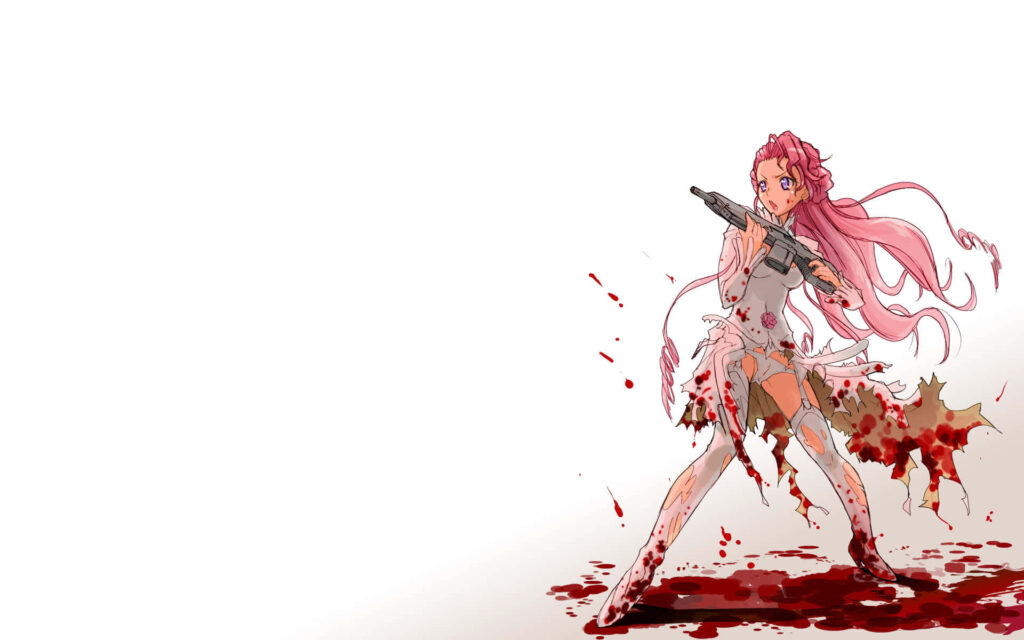 Euphemia Li Britannia in Code Geass gripping rifle with blood splatters on white background wallpaper