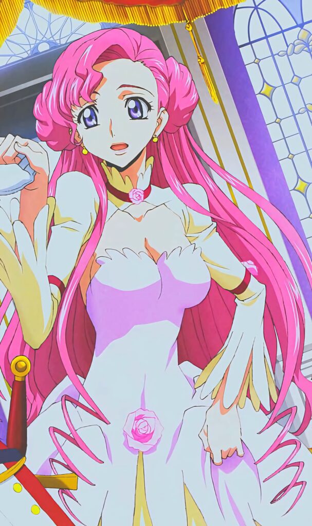 Euphemia Li Britannia in elegant white dress with pink hair standing before stained-glass background Wallpaper