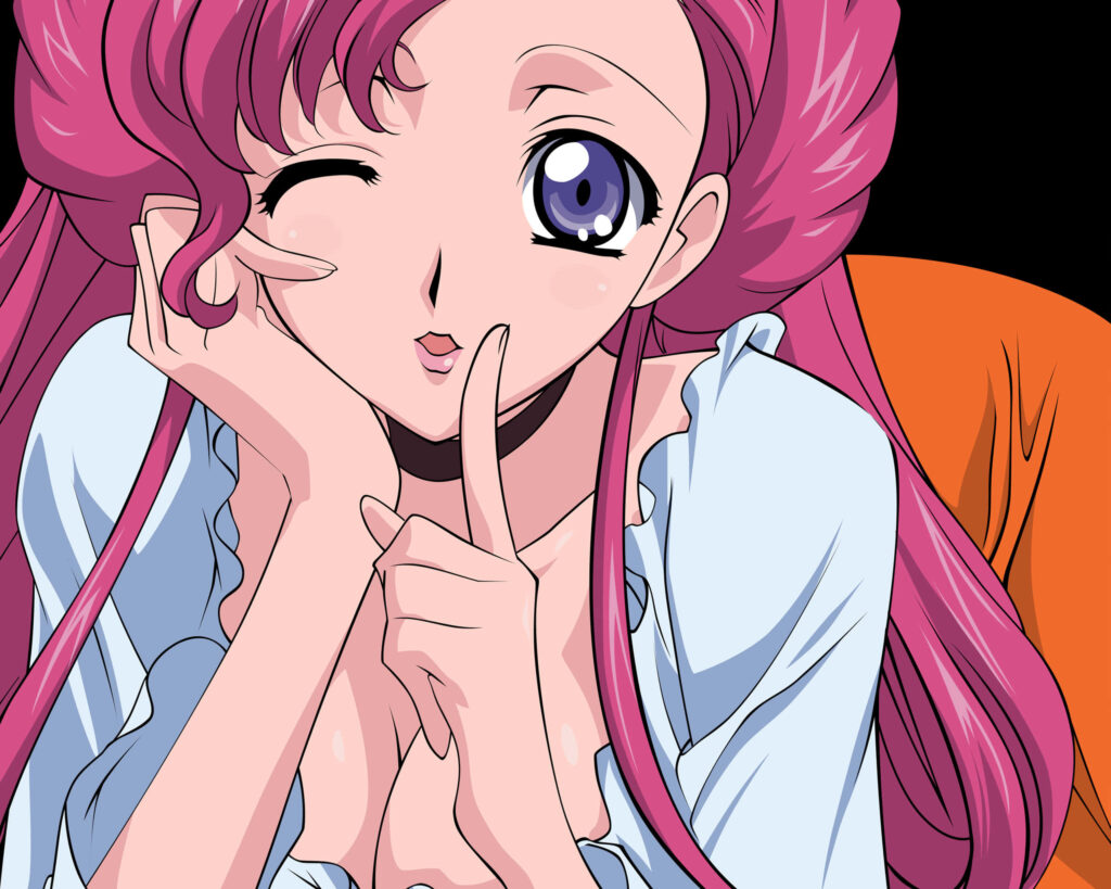 Euphemia Li Britannia wallpaper in pastel outfit pink hair violet eyes playful pose Code Geass