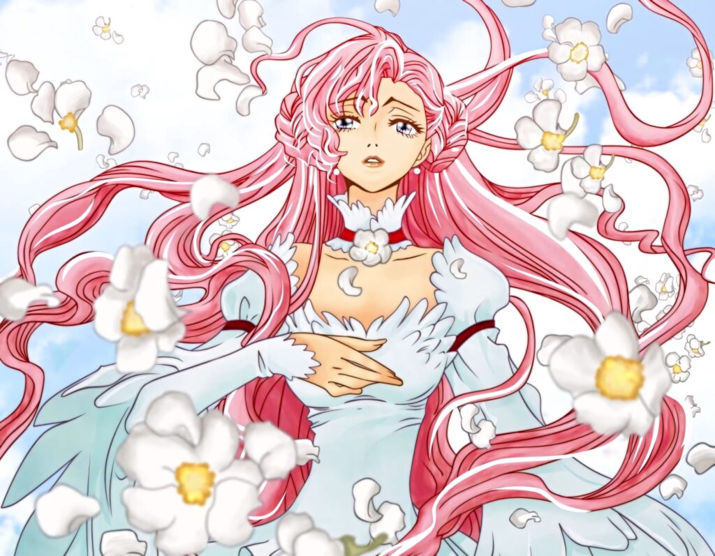 Euphemia Li Britannia in white dress with flowing pink hair and white petals under blue sky wallpaper