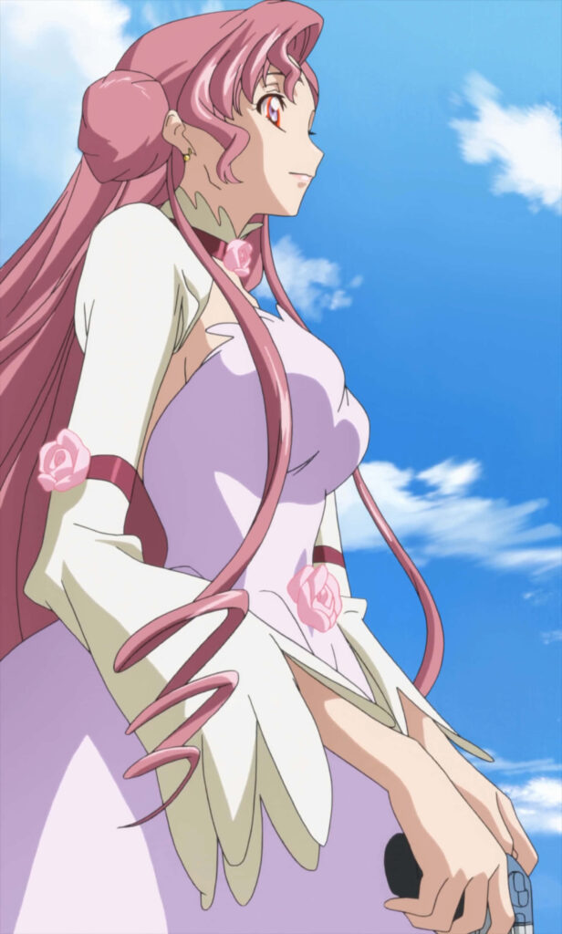 Euphemia Li Britannia in pastel gown with pink hair against bright blue sky anime wallpaper background