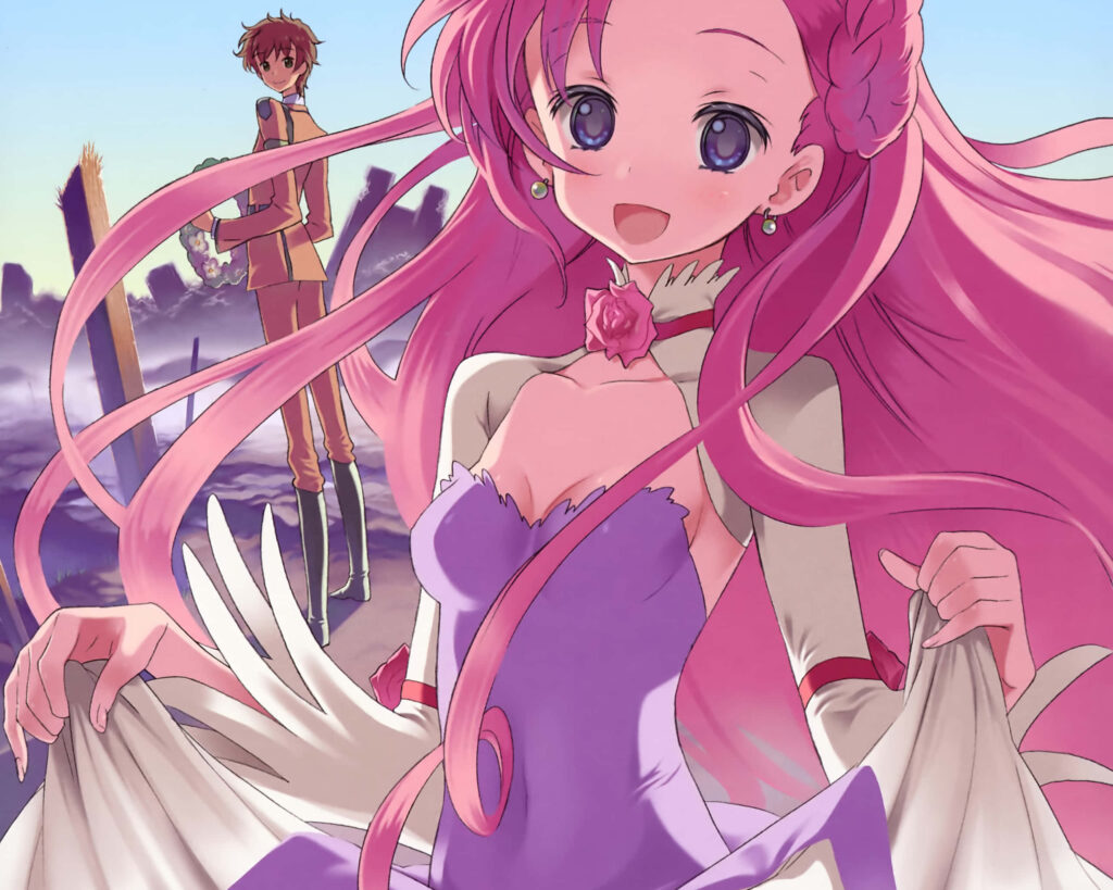 Euphemia Li Britannia from Code Geass in pastel pink hair and lavender dress with sunset ruins background Wallpaper