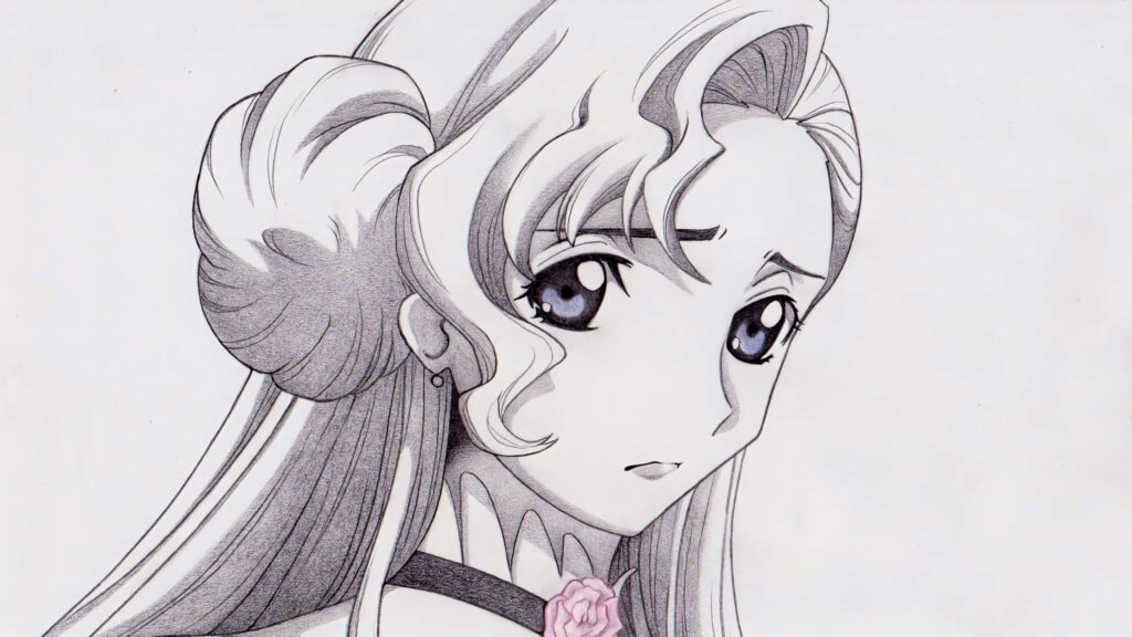 Euphemia Li Britannia pencil sketch wallpaper with flowing hair pink rose soft minimalist background