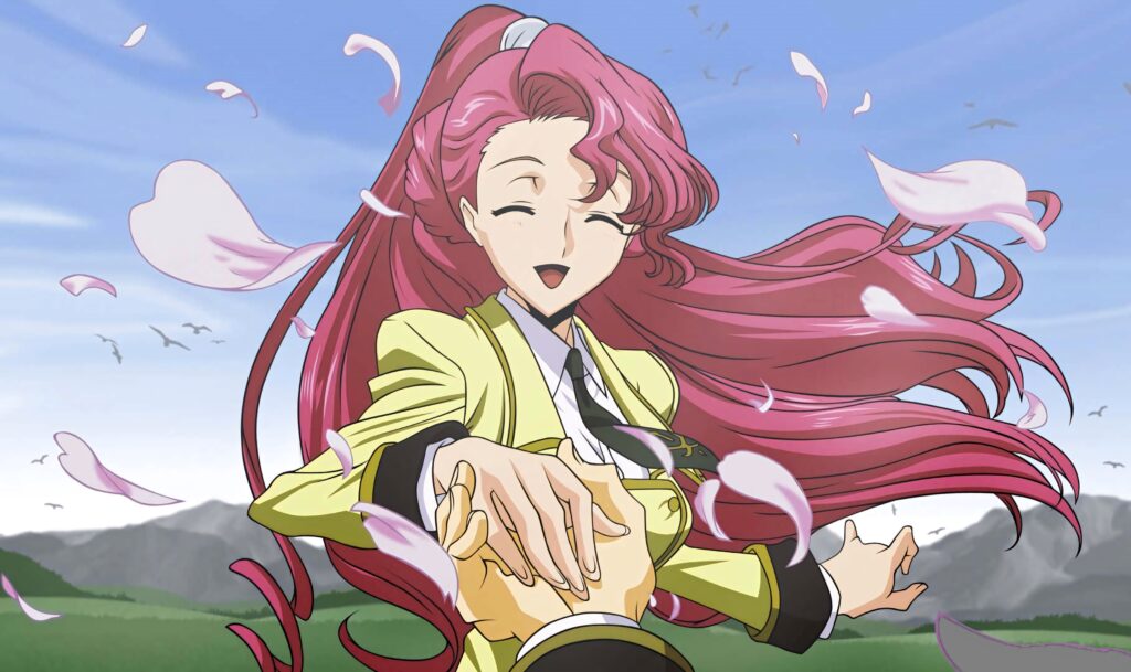 Euphemia Li Britannia anime character with pink hair smiling in yellow uniform and cherry blossoms Wallpaper