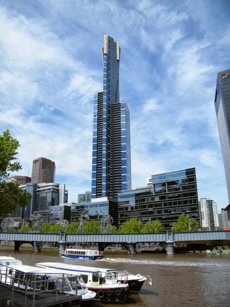 Eureka Tower Melbourne modern blue glass skyscraper cityscape Yarra River vibrant sky wallpaper
