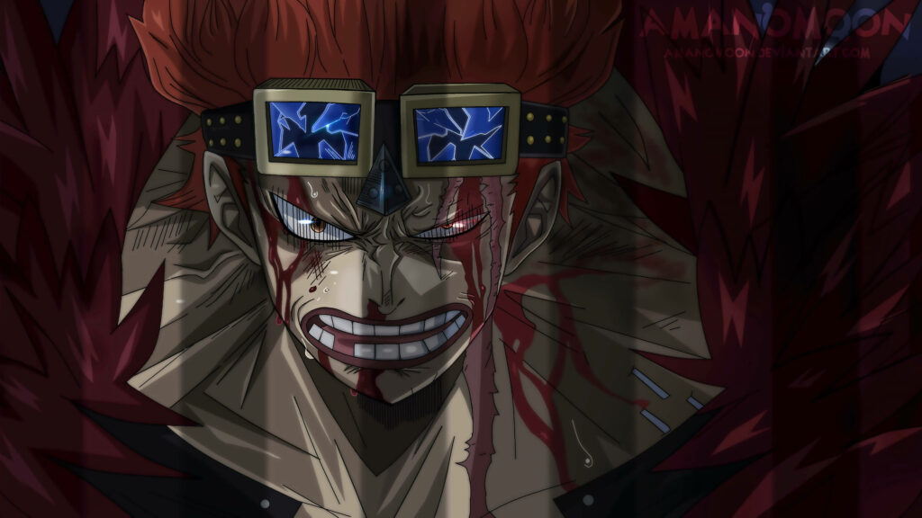 Close-up of Eustass Kid from One Piece with red hair blood-streaked face and blue goggles wallpaper
