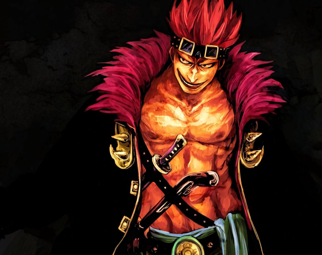 Eustass Kid fierce pose with wild red hair spiked coat vibrant colors dramatic lighting wallpaper