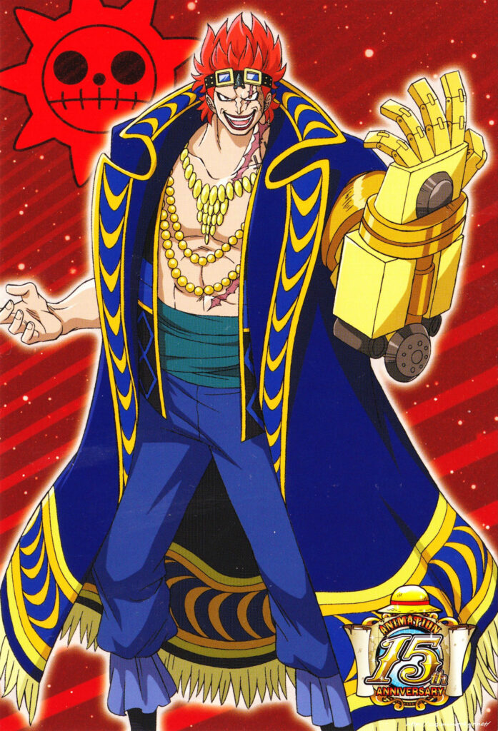 One Piece fanart of Eustass Kid with mechanical arm red hair blue gold coat dynamic red background Wallpaper